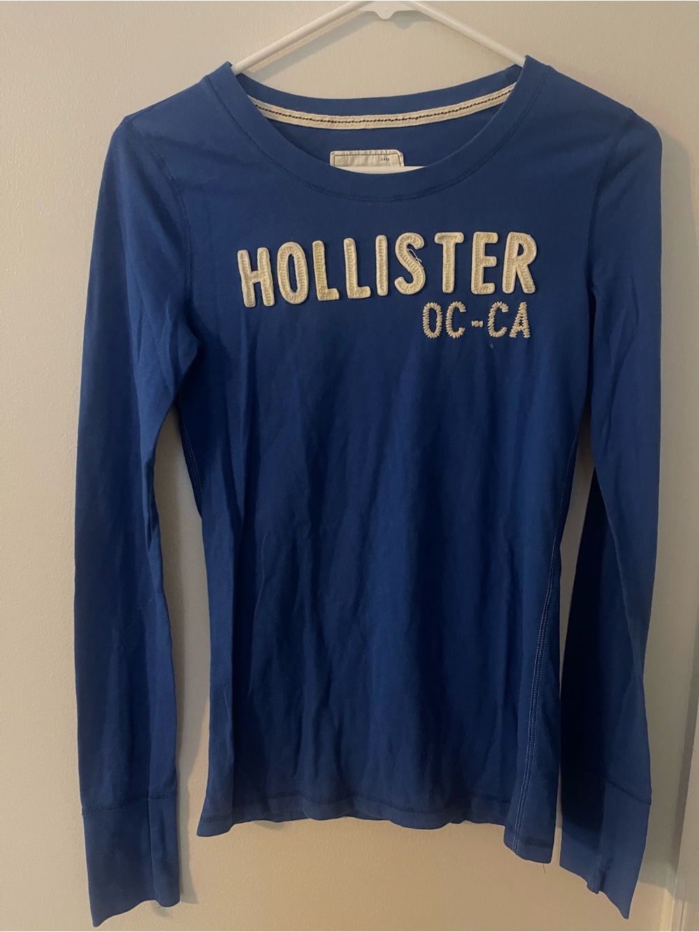 Hollister Blue Long-Sleeve Logo Tee with Raised Lettering